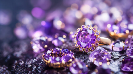 A collection of purple Amethyst gemstones and a gold ring, Amethyst - obrazy, fototapety, plakaty