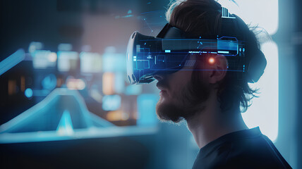 A man wearing a virtual reality headset is looking at a computer screen. Concept of immersion and excitement, as the man is fully engaged in the virtual world. The blue and white colors of the screen