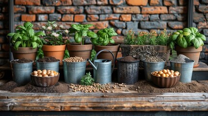 Fototapeta na wymiar The gardening tools, watering can, seeds, plants, and soil sit on a vintage wooden table with a spring in the garden concept background. This background allows for free text entry.