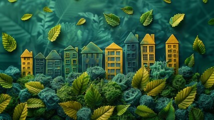 A clean, green planet with trees, solar street lights and hand drawn sketches of city houses. Think green. Ecology concept. Flat lay. Top view. - obrazy, fototapety, plakaty