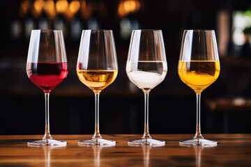 A range of wine glasses containing red, white, and rosé wines, showcasing the variety in color and type. Different Types of Wine in Glasses - obrazy, fototapety, plakaty