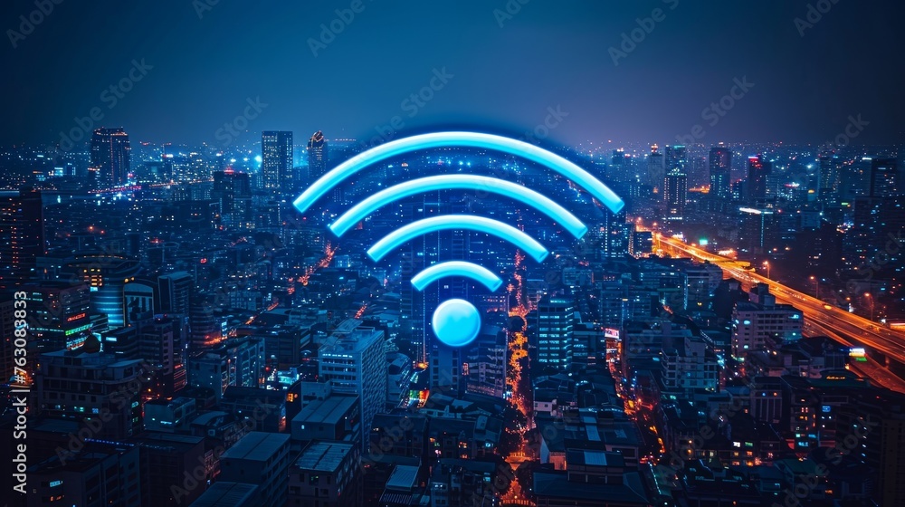 Leinwandbilder in this nighttime photo, a modern city with a wireless network connection is shown with city scape c