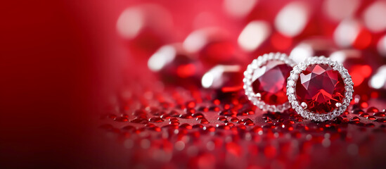 A close up of two red earrings on a red background