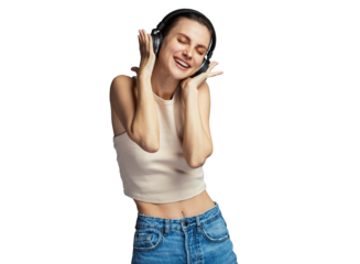 Young cheerful woman enjoying music with headphone, wearing casual top, isolated on grey studio background. PNG