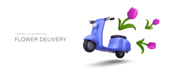 Vector concept for advertising flower delivery. 3D scooter speeding forward