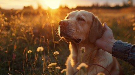 Human hand caressing Labrador family eyelevel lovely connection gentle sunset - obrazy, fototapety, plakaty