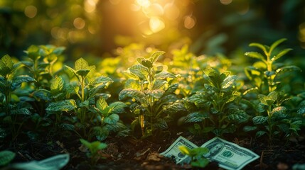 Growing Plants On Money With Flare Light Effects