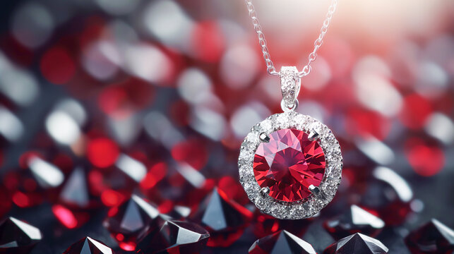 A red ruby and white diamond pendant is set on a black background