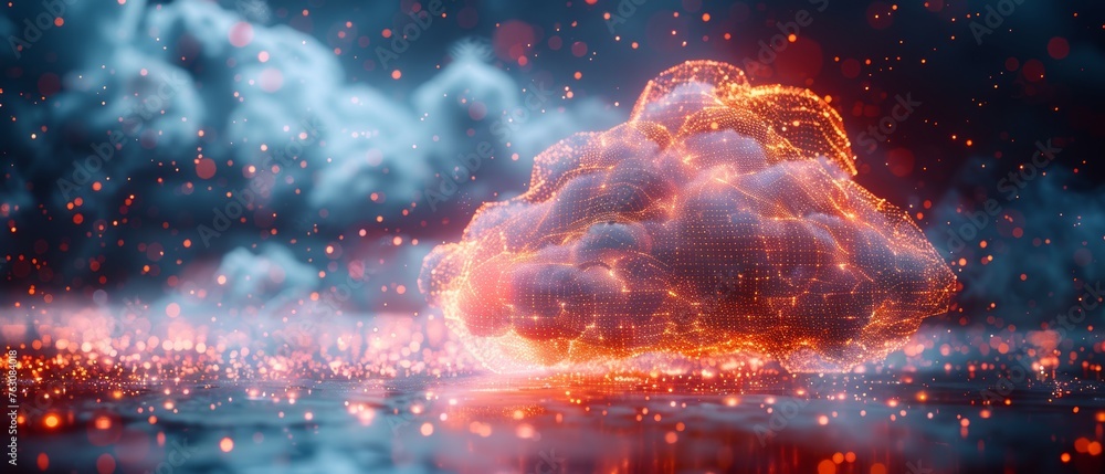 Poster A cloud computing concept represented by a cloud icon with digital rain and square bits and neon lines. A computer network connects to the cloud storage and exchanges data with it.