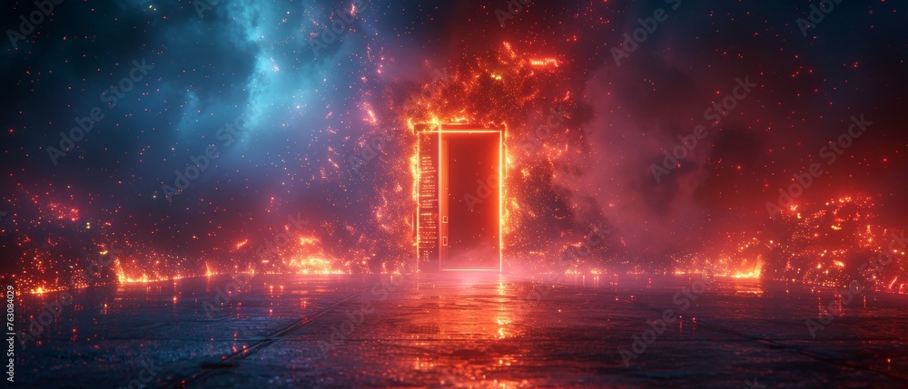 Poster a futuristic door in cyberspace. a metaverse portal in a digital world. a gate to a virtual reality.