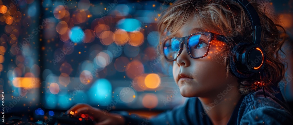 Poster Computer games programs learning for children. Computer coding, artificial intelligence, robototechnics, computer technology for kids. Online science course banner.