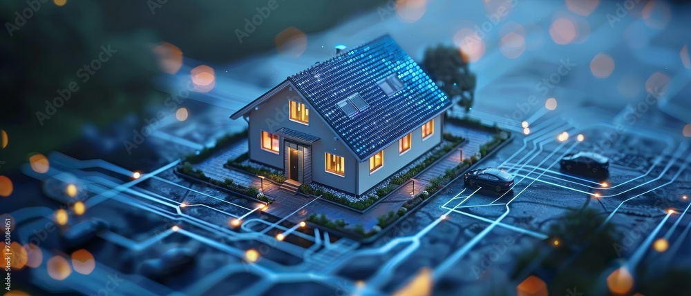 Poster A smart home, IOT phone application setting, smart home system development, coding on laptop of IOT devices in a smart home network.