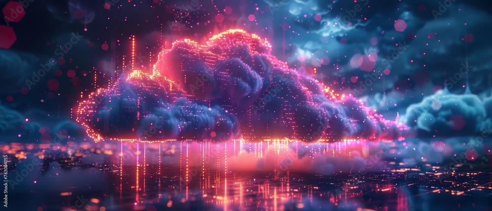 Aufkleber Data storage concept. Square bits form cloud icon with digital rain, neon lines connect cloud storage to computer network, exchange data.
