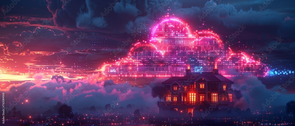 Poster A neon Icon of Smart home technology and data cloud concept hanging in the home. Smart home is connected to the IOT system using wireless internet cloud storage. IOT. Concept Internet of things.