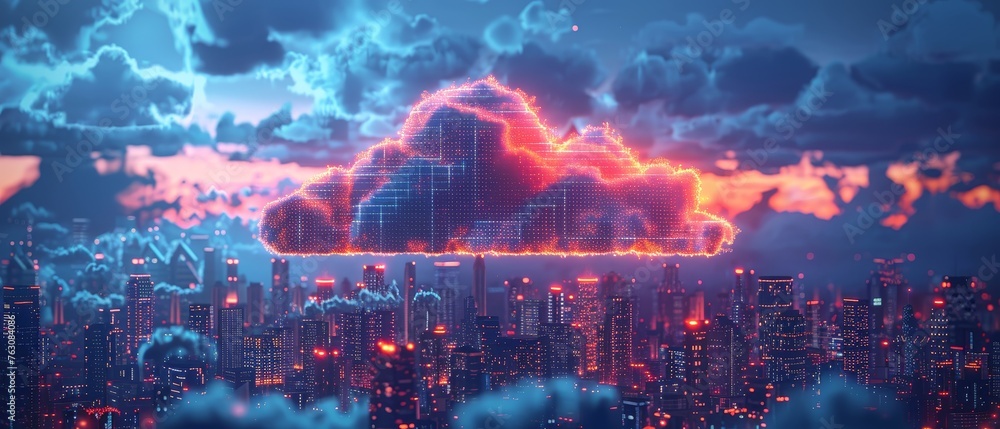 Aufkleber The concept of Cloud Computing. Remote cloud data storage with company network. Remote cloud services. Download and upload data online. Digital cloud icon over smart city. IoT technology.