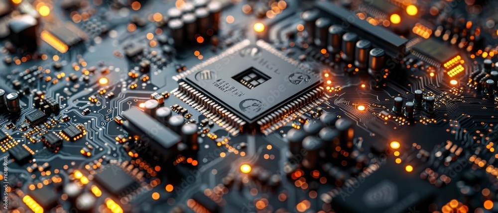 Poster developing hardware electronics concept. including circuit boards, motherboards, cpu chips, memory b