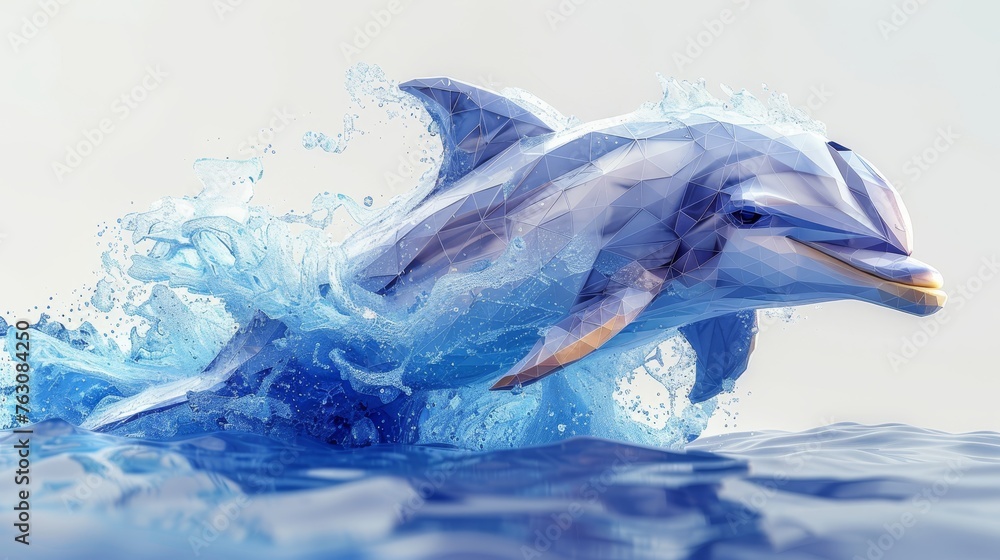 Poster low poly style abstract jumping dolphin.