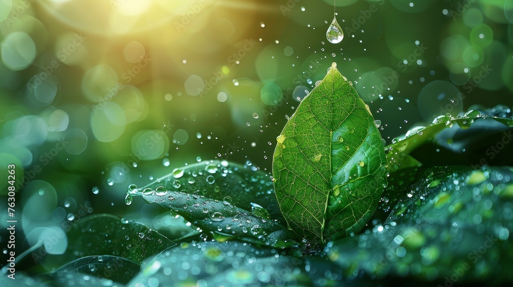 Aufkleber The drop of water with green leaves is falling. Low poly style design. Abstract geometric background. Wireframe light connection structure. Modern 3D graphic ecological concept. Isolated