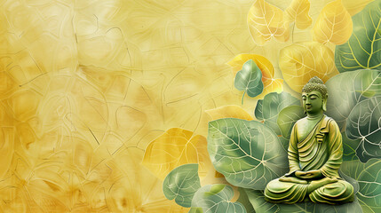 A green Buddha statue sits on a leafy background, Bodhi leaf - Powered by Adobe
