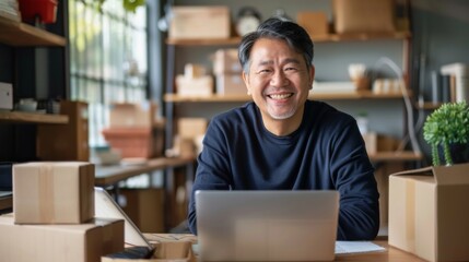 Small business owner is working on a laptop in the warehouse