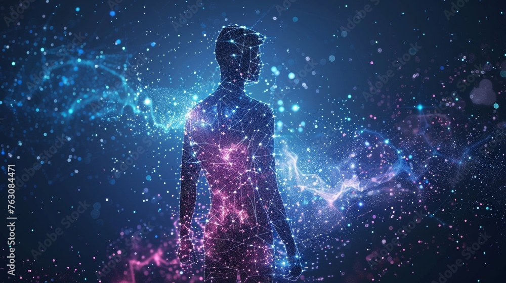 Fototapete A  polygonal image consisting of points, lines, and shapes in the form of stars with destruct shapes depicting a low polygonal human body.
