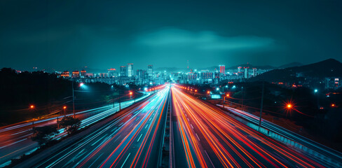 Fototapeta na wymiar Vibrant twilight hues over a bustling highway