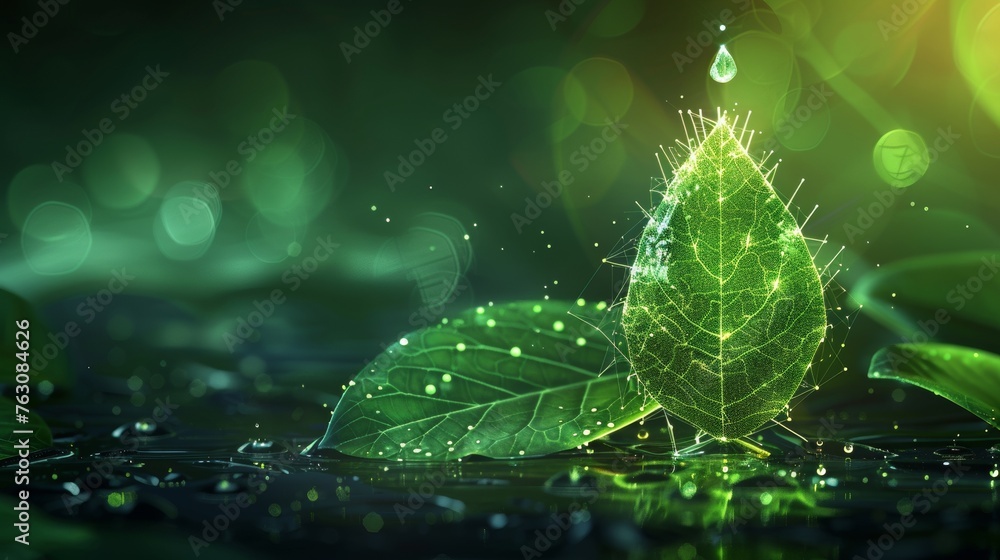 Poster a falling drop of water with green leaves with a low poly style. abstract geometric background with 