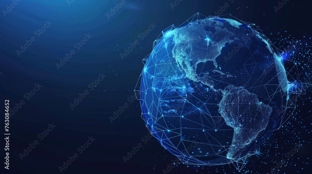 Fototapete In an abstract blue glowing planet Earth, a power button appears. Low poly style design. Geometric background. A wireframe light connection structure appears. Modern 3D graphic.  illustration.