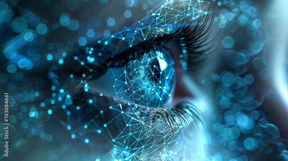 Poster low poly wireframe technology eye. futuristic concept. mesh eye spheres from flying debris. thin lin