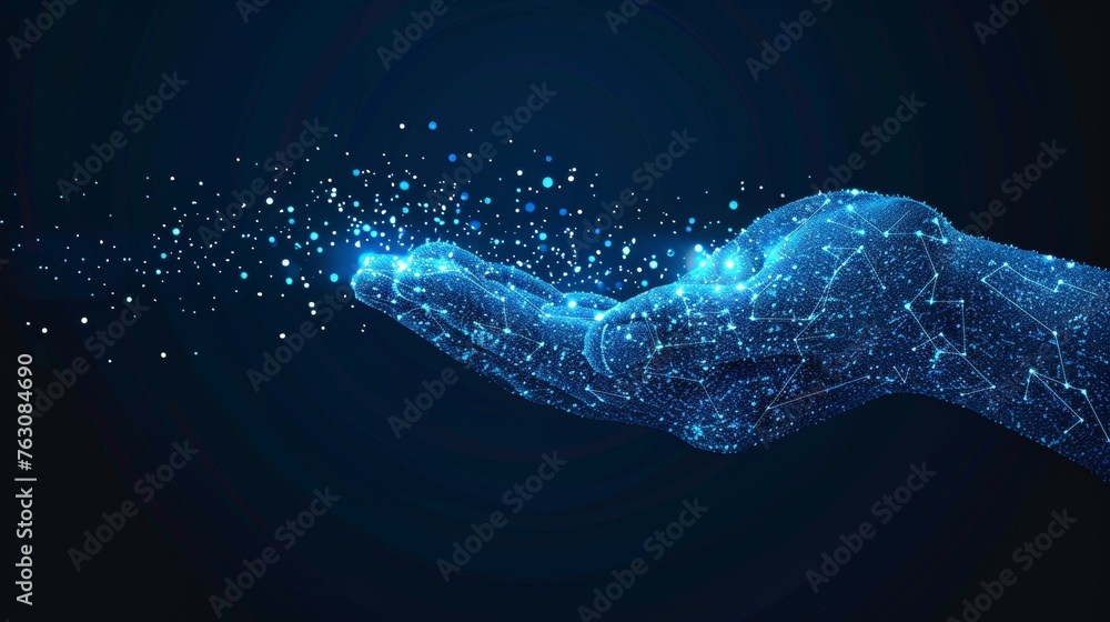 Aufkleber blue abstract hand holding coins and falling coins. modern 3d graphic geometric background. wirefram