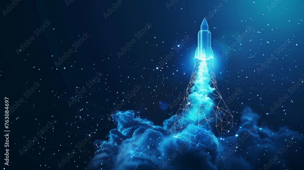 Poster the launch of the rocket with clouds of smoke from the earth. low poly style design. abstract geomet