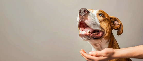 A dog being fed by human hands, the happy dog's face looking up at the person's hand with its mouth...