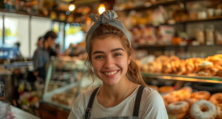 Cheerful baker smiling in artisanal bakery