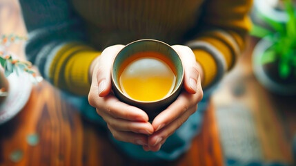 A person holding and enjoying green tea in their hands, with focus on the cup of hot yellowish...