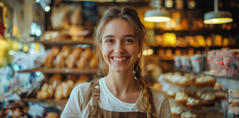 Cheerful baker smiling in artisanal bakery - obrazy, fototapety, plakaty