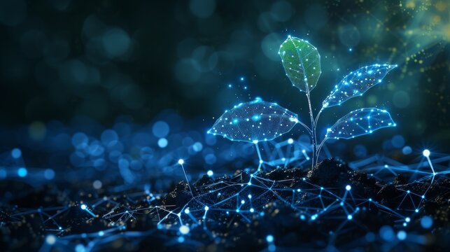 A growing plant in soil with a drop of water. Design in low poly style. Blue geometric background. Wireframe light connections. Isolated  illustration.