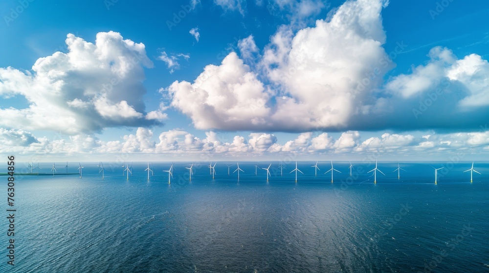 Poster clouds and a blue sky in an offshore windmill park flevoland netherlands ijsselmeer.