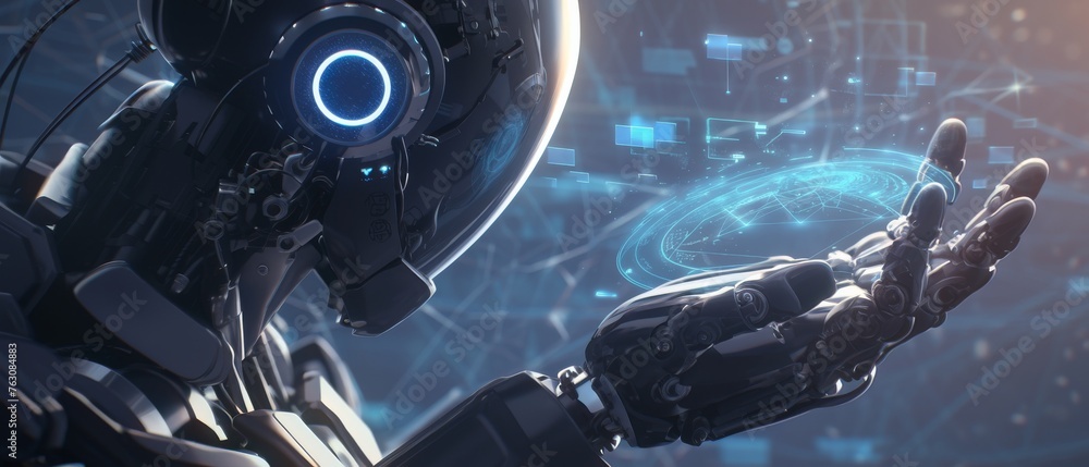Poster Technology is used by businessmen for working tools. Chat bots are used by businessmen to communicate with AI. Intelligent robot technology is used to help solve work problems.