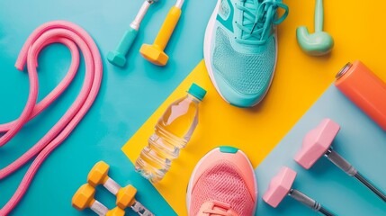 Sneakers, dumbbells, jump rope and a water bottle are featured in this fitness equipment flat lay image on a colored background. - obrazy, fototapety, plakaty