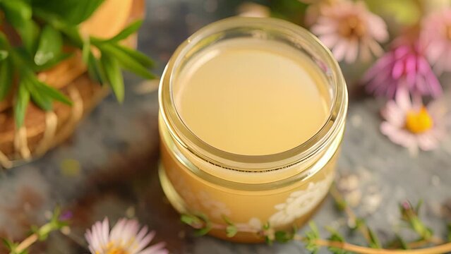 A jar of homemade healing salve made from allnatural ingredients such as beeswax coconut oil and tea tree oil ready to provide relief for s s and insect bites.