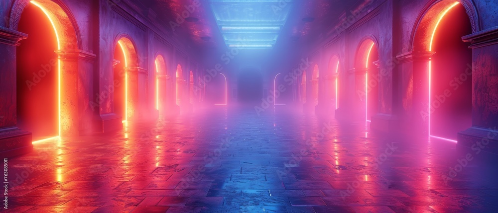 Poster concept for neon background with disco neon lights. 3d rendering.