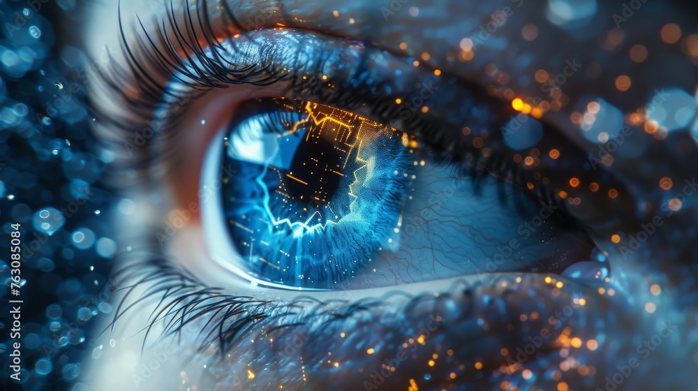 Poster Background with digital blue eye interface concept. Biometrics and scanning concept.