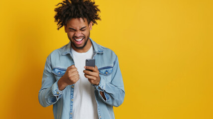 A man in a denim jacket laughs while looking at his smartphone against a yellow background.