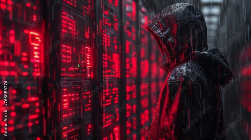 Poster A digital hacker attacking a database. A DDoS attack concept. Cyber security. Modern 3D illustration. Internet crime and fraud.