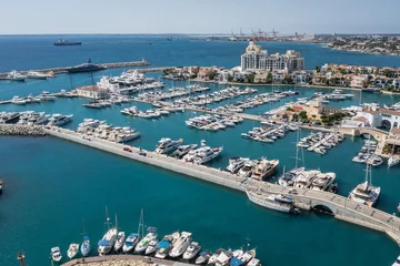Wandaufkleber Drone aerial photo of blue flag New Marina of Limassol, Cyprus © Fotokon