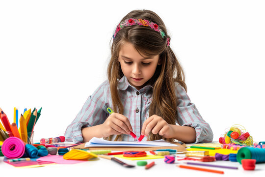 crafting girl immersed in creativity isolated on white background, a little girl painting on book in a copy space white background, a cute little artistic girl color drawing using multicolored pencils