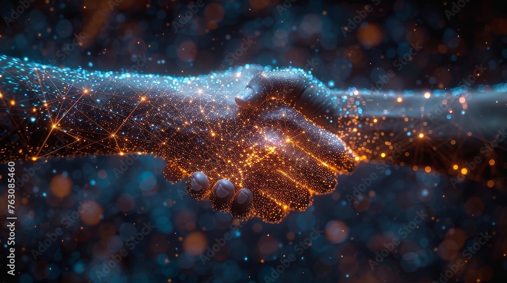 Poster In this abstract image two hands of a handshake are seen through a starry sky, with plexus lines and points cut out. It is a symbol of future or innovation, with particles connected in a geometric