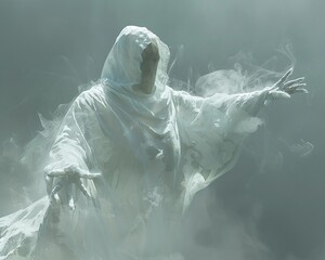 a mysterious figure in white, reaching into the fog, with faint, ghostly shapes looming ahead 3D...