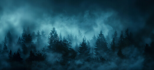 Dark fog and mist over a moody forest landscape - obrazy, fototapety, plakaty