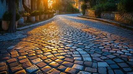 A cobblestone street bathed in the warm glow of dusk  its intricate pattern of stones casting long shadows. - obrazy, fototapety, plakaty